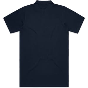 A navy polo shirt with short sleeves and a collar, featuring a logo on the front.