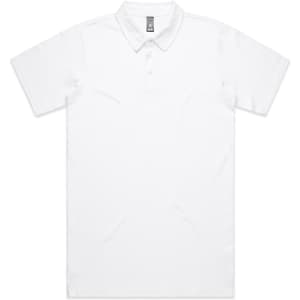 A white polo shirt featuring a collar and a front placket, with a logo on the chest area.