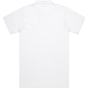 A plain white polo shirt with short sleeves, featuring a collared neckline and no visible branding.