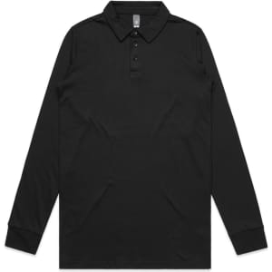 A long-sleeve black polo shirt featuring a collar and a button placket. The shirt has a logo on it.