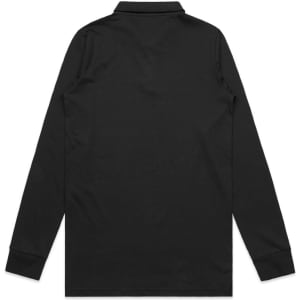 A long-sleeve black polo shirt with a collar and long sleeves, featuring a logo.