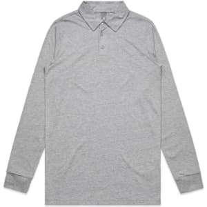 A long-sleeved grey polo shirt with a collar and buttons, featuring a discreet logo.