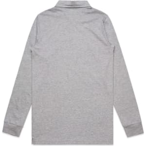 A long-sleeve polo shirt in grey with a collar and cuffs, featuring a logo on the side.