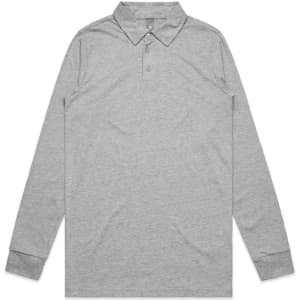 A long-sleeved grey polo shirt with a collar and three-button placket, featuring a logo.