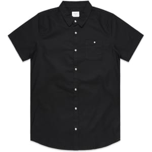 A black button-up short-sleeve shirt featuring a chest pocket and a logo.