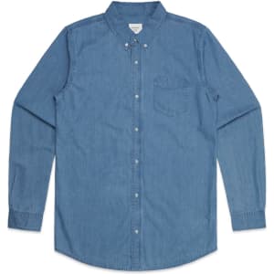 A blue denim button-up shirt with a single chest pocket and long sleeves. It features a logo on the label.