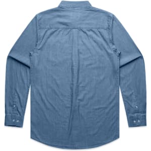 A blue denim button-up shirt with long sleeves and a back yoke detail. Features a logo on the label.