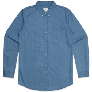 A blue denim button-up shirt with long sleeves and a chest pocket, featuring a logo.