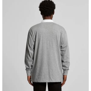 A grey rugby jersey featuring a white collar and long sleeves. The back view highlights the relaxed fit and design.