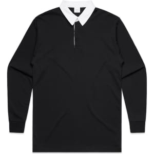 A long-sleeve black rugby jersey with a white collar and a front zip. It features a logo on the chest.