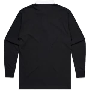 A black rugby jersey with a white collar, featuring long sleeves and a plain back. It has a logo on the front.