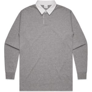 A grey rugby jersey with long sleeves and a white collar, featuring a logo on the chest.