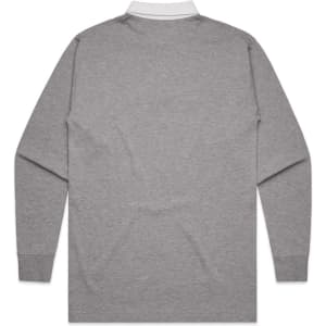 A grey rugby jersey with long sleeves and a white collar, featuring a logo on the front.