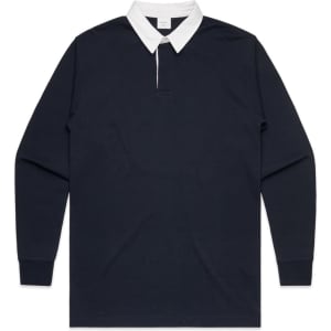A navy rugby jersey with a white collar and long sleeves, featuring a logo on the chest.