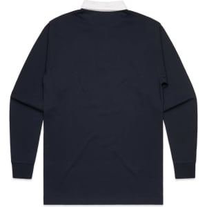 A navy rugby jersey with long sleeves and a white collar, featuring a logo on the back.