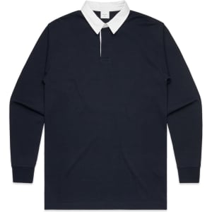 A rugby jersey in navy blue featuring a white collar and long sleeves, with a brand logo displayed.