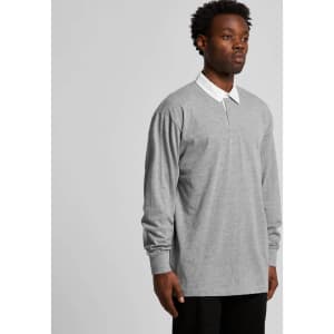 A grey rugby jersey featuring long sleeves and a white collar, with a logo on the chest.
