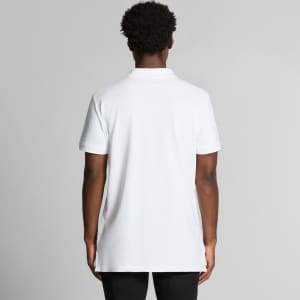 A white polo shirt featuring a classic collar and a logo on the back.