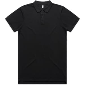 A black polo shirt featuring a classic collar and three-button placket. It has a discreet logo on the chest.