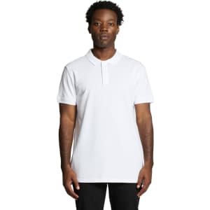 A white Pique Polo shirt featuring a collar and short sleeves, with a logo on the front.