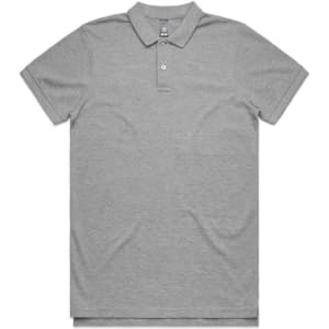 A grey polo shirt with a collar and a small logo on the chest. Simple and stylish design.