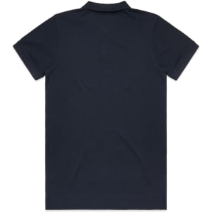 A dark navy polo shirt with a classic collar and short sleeves, featuring a branding logo.