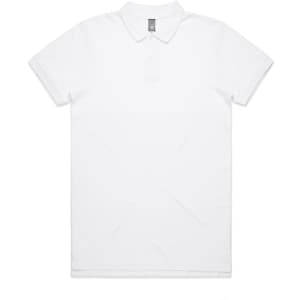 A white polo shirt with a collar and short sleeves, featuring a logo on the chest area.