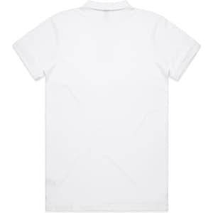 A plain white polo shirt featuring a collar and short sleeves, with a branding logo on the back.