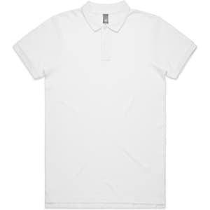A white polo shirt with a collar and short sleeves, featuring a logo on the chest.