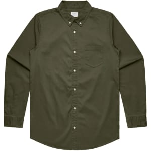 A button-up shirt in olive green with long sleeves and a chest pocket, featuring a logo.