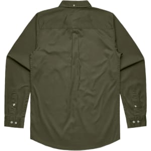 A green denim wash button-up shirt with long sleeves and a back pleat, featuring a logo.