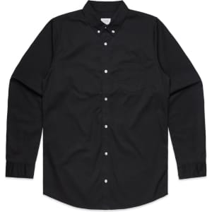 A black button-up shirt with a collar, long sleeves, and a pocket on the front, featuring white buttons.