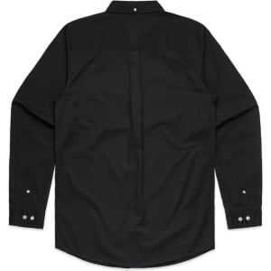 A black denim wash shirt with long sleeves and a button-up design, featuring a logo on the back.
