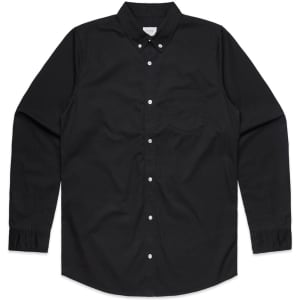 A button-up shirt in black with long sleeves and a single chest pocket, featuring a logo.