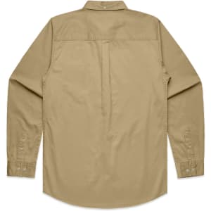 A khaki denim wash button-up shirt featuring long sleeves and a back pleat design. It includes a logo on the collar.