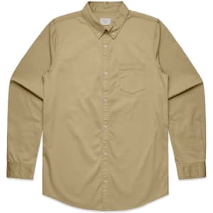 A khaki button-up denim wash shirt with long sleeves and a chest pocket, featuring a logo.