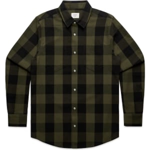 A button-up shirt featuring a green and black check pattern, with long sleeves and a collar. It has a logo on the label.