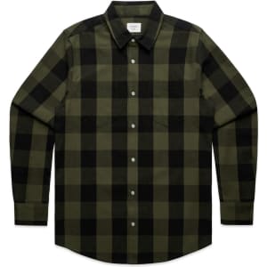 A button-up shirt featuring a green and black check pattern, with a collar and long sleeves. It has a logo.