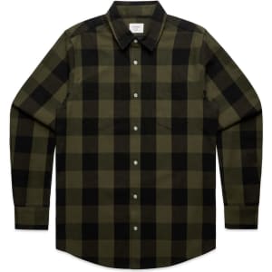 A button-up shirt in dark green and black plaid, featuring long sleeves and a folded collar. It has a logo.