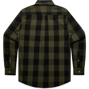 A long-sleeve, button-up shirt featuring a black and olive green check pattern, with a back yoke and two button cuffs.