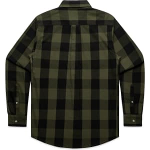 A black and olive green check shirt featuring a button-up design and a traditional collar. It has a logo on the back.