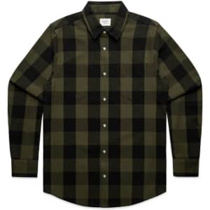A button-up shirt in dark green and black check pattern, featuring a collar and front pockets. It has a logo on the label.