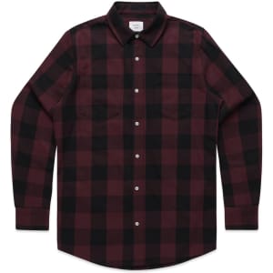 A red and black check shirt with a button-up front, long sleeves, and two chest pockets. Features a logo.