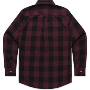 A button-up shirt in burgundy and black check pattern, featuring long sleeves and a back yoke. It has a logo.