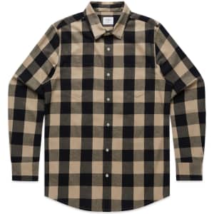 A button-up check shirt featuring a black and beige plaid pattern with long sleeves and a collar.