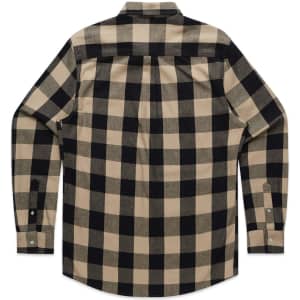 A button-up shirt with a black and beige checkered pattern, featuring a back yoke and long sleeves.