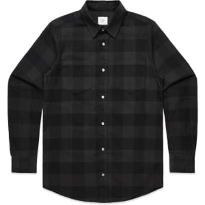 A black and grey check shirt featuring a button-up front and two chest pockets. It includes a logo on the label.