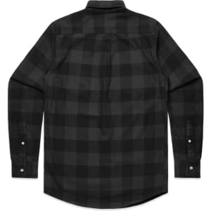 A black check shirt featuring a button-up design and long sleeves, with a branded logo on the back.