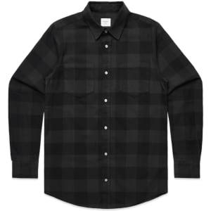 A button-up check shirt in black with a plaid pattern, featuring long sleeves and two chest pockets.