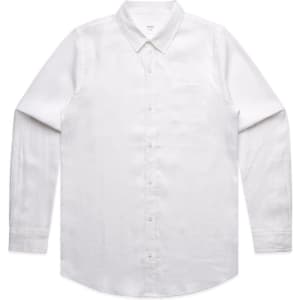 A white linen button-up shirt with long sleeves and a single chest pocket. The shirt features a collar and is neatly buttoned.